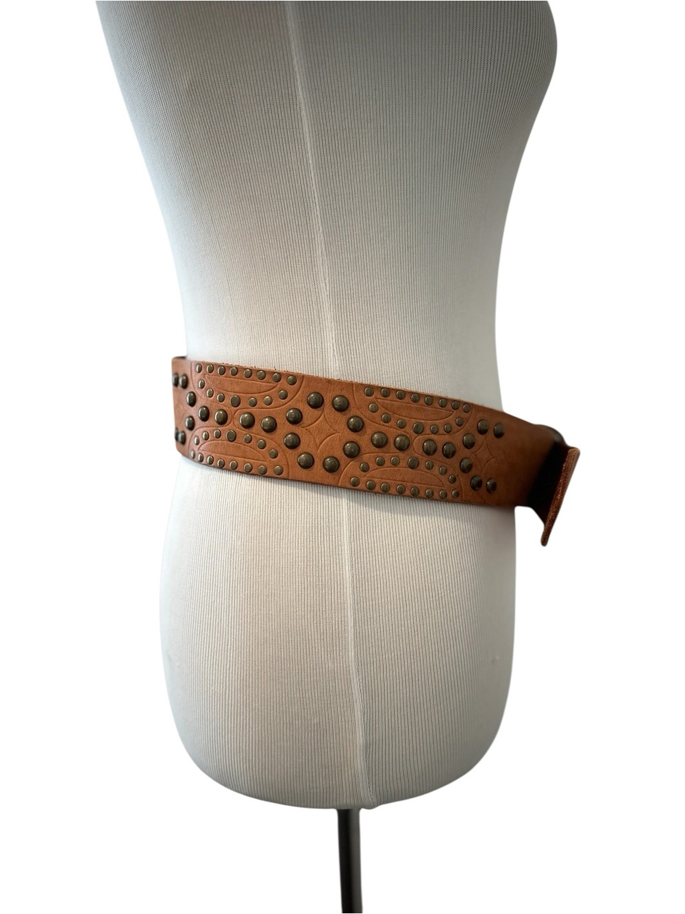 Wide Brown Leather Studded Waist Belt with Brass Buckle - Picture 3 of 14